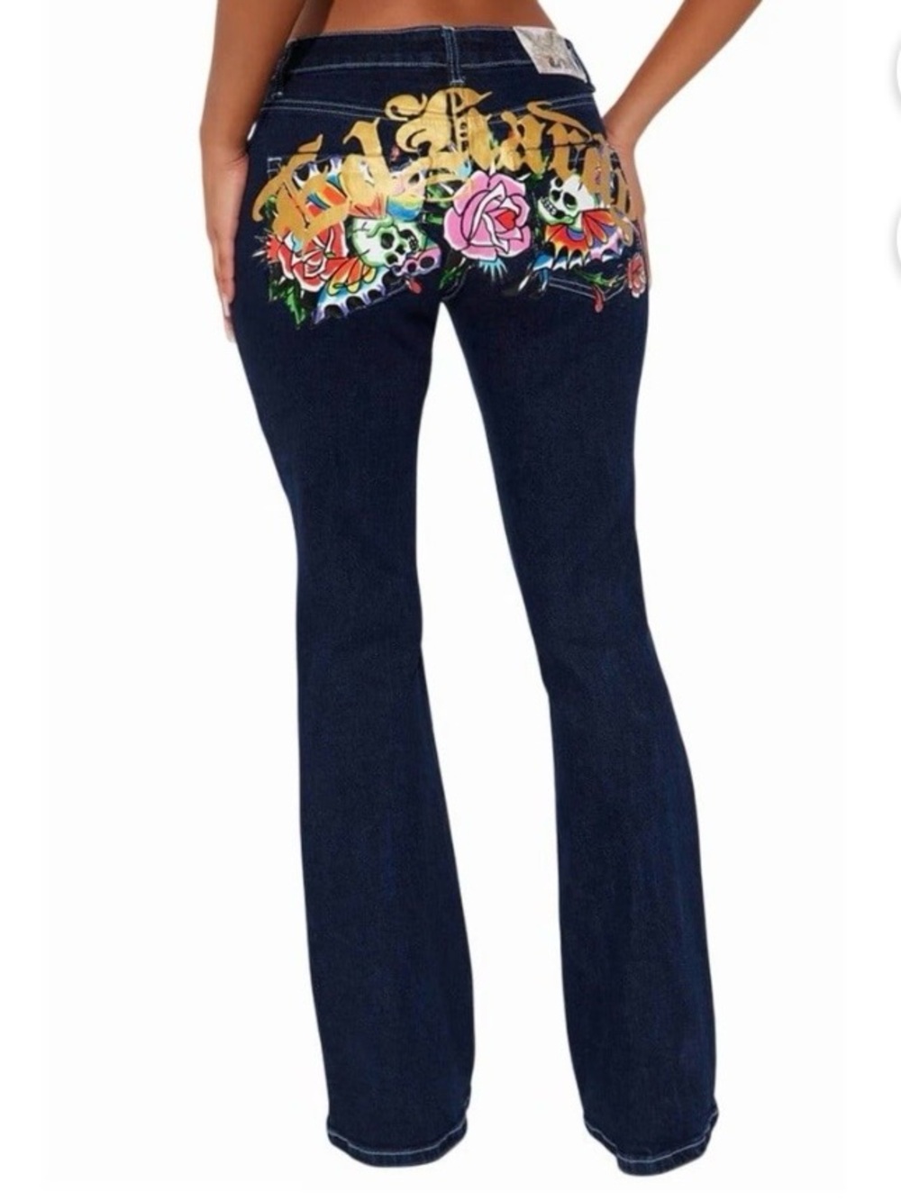 New Ed Hardy unique women's Y2K blue denim flare jeans size M (28-29) 99% cotton